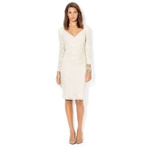 NWT Lauren Ralph Lauren Cream Natural Lace Sequin Surplice Dress Women's Size 2